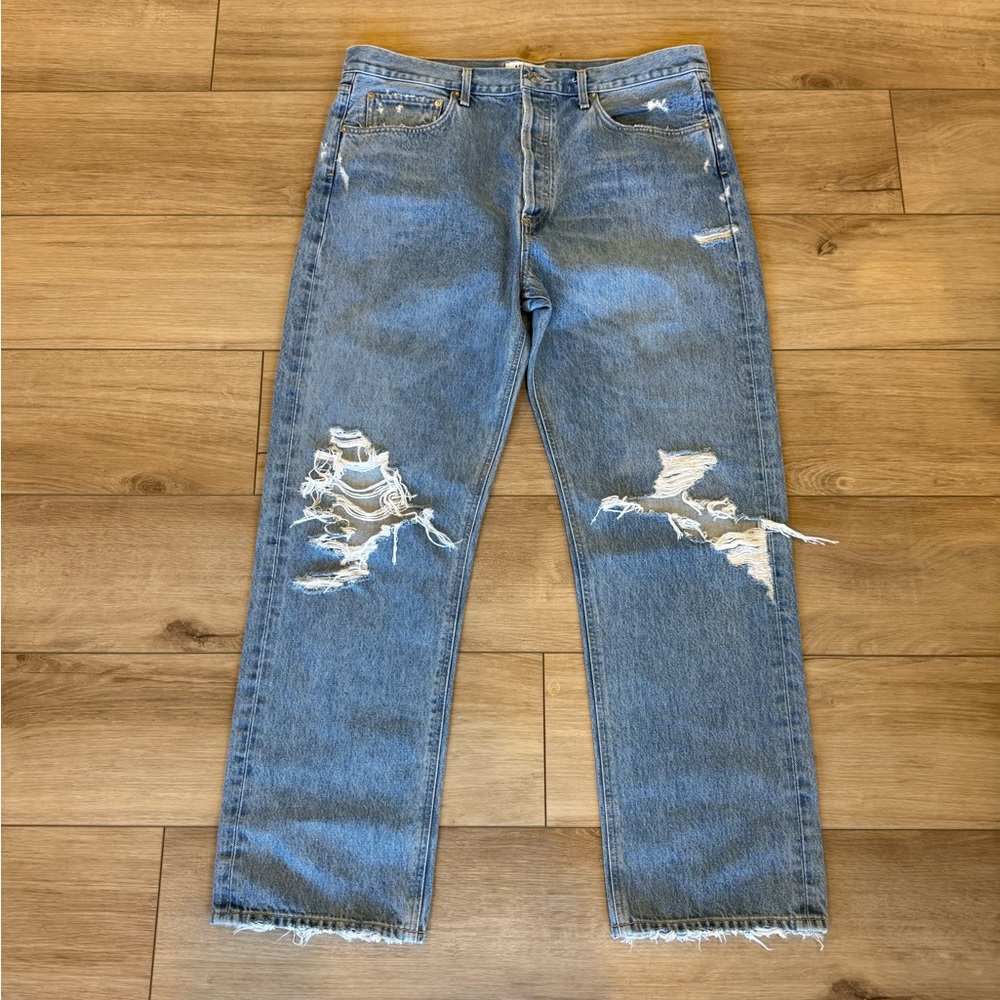 AGOLDE 90s Mid Rise Jeans | Size 32 | Distressed Knee | Raw Hem